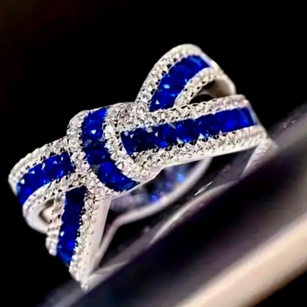 RIBBON BYPASS RING LONDON BLUE TOPAZ / WHITE TOPAZ SIZE 6/7/8/9/10